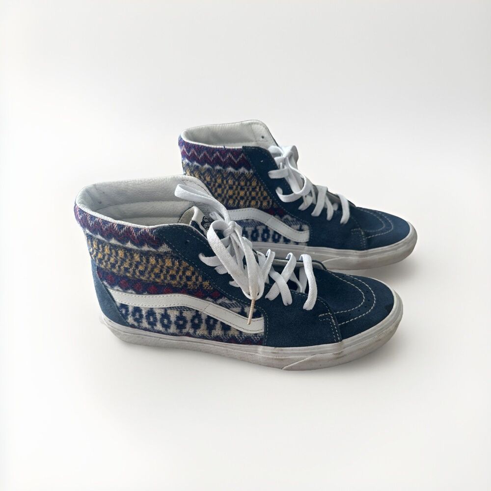 VANS Sk8-Hi Fair Isle Blue Suede Canvas High Top Shoes Mens Size 9 Women 10.5